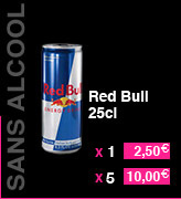 Boisson sans alcool, Red Bull de 25 centilitre, à 2,5 euros l'un et 10 euros les 6